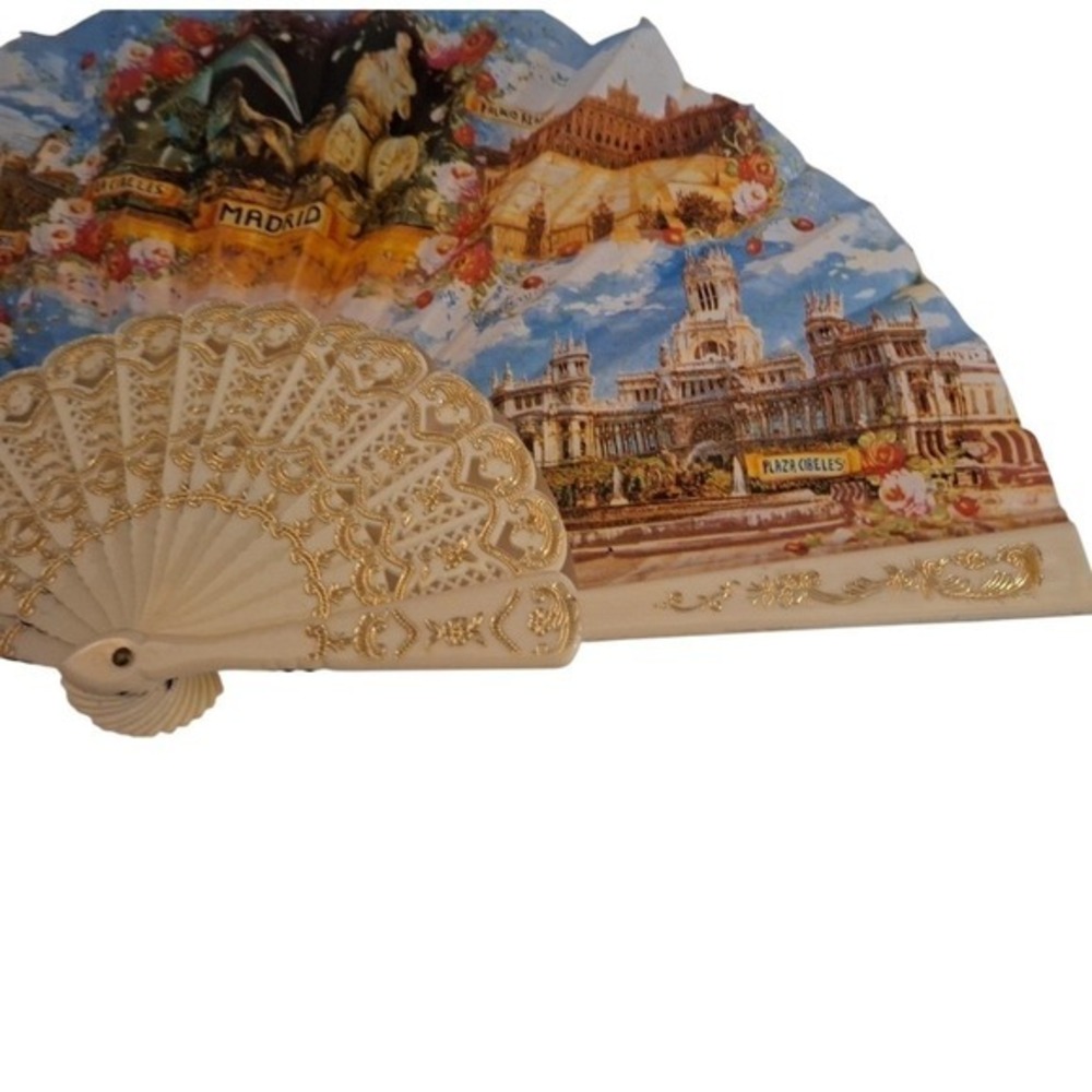 Folding Hand Fan Spain Madrid Scene Souvenir Decorative Collectible vintage